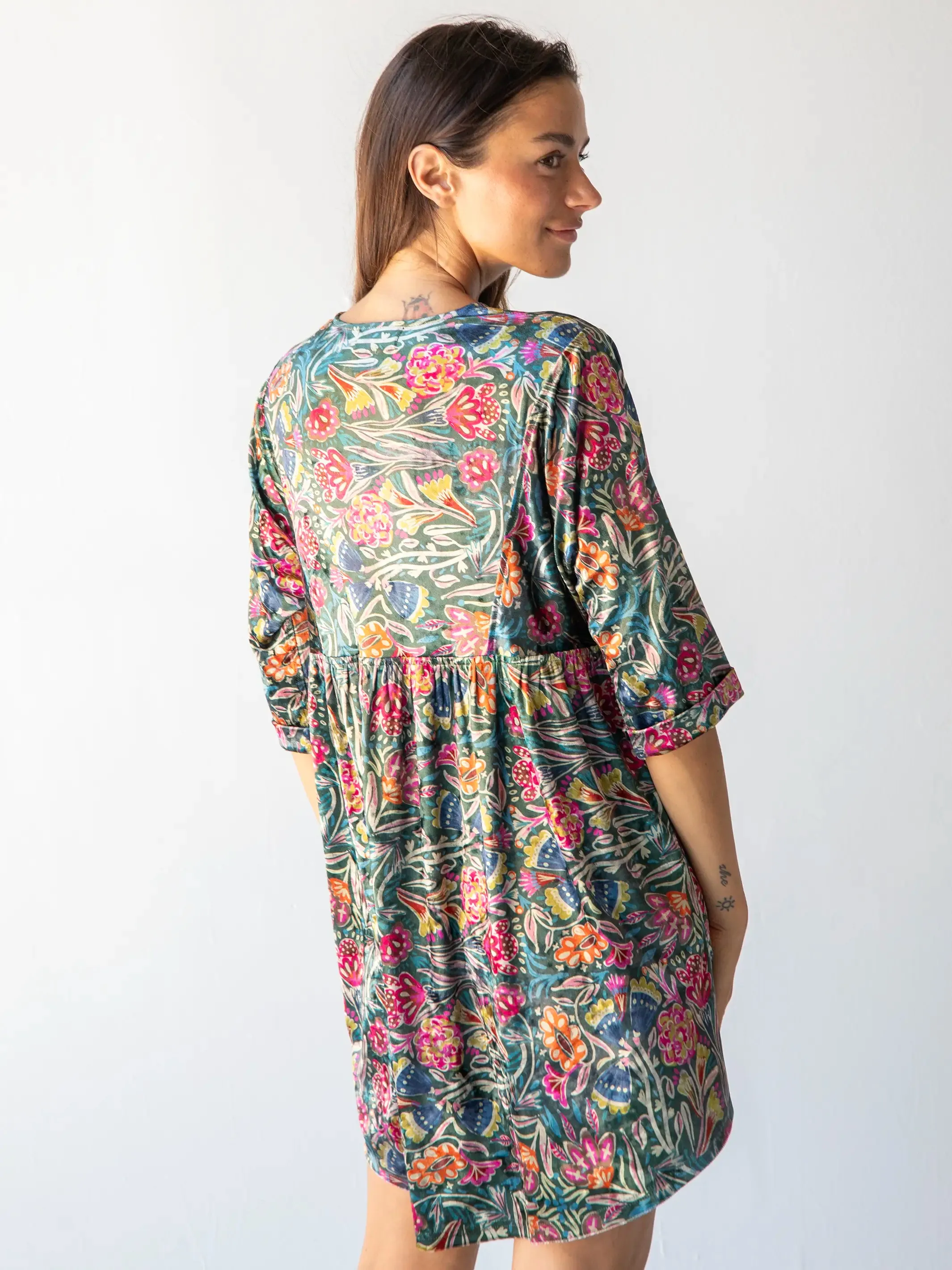 Stella Velvet Mini Dress - Green Lined Floral