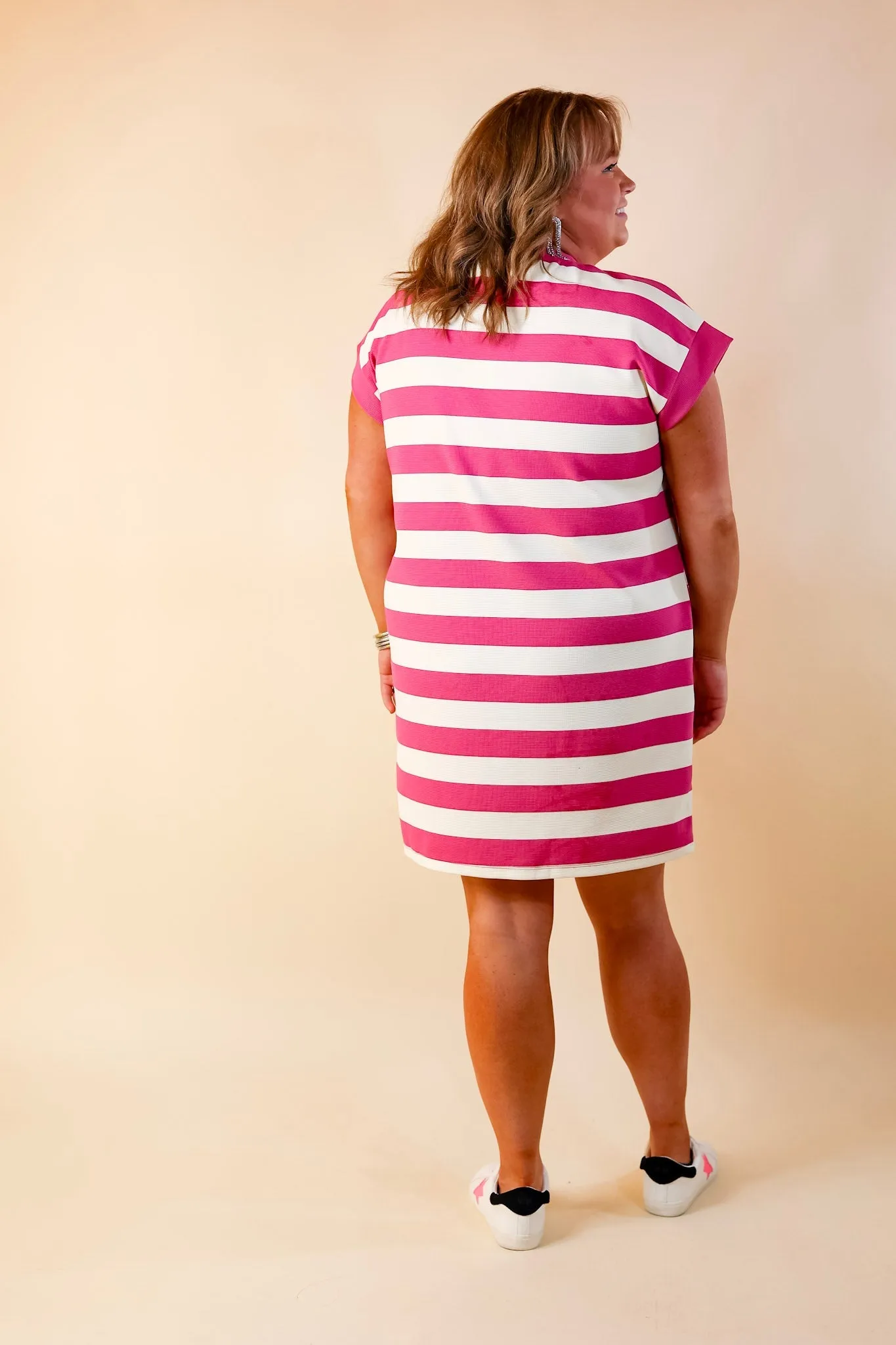 Stripe it Simple Striped Dress with Cap Sleeves in Pink and Cream