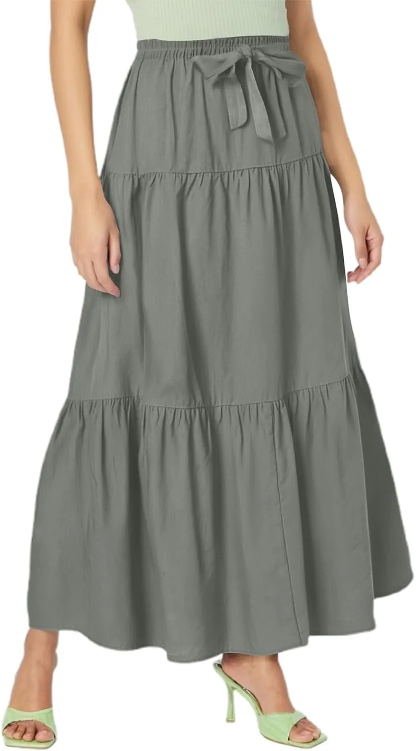 Summer Maxi Skirts for Women 2025 Tiered A Line Pleated Drawstring Long Skirt Boho Flowy Casual Vacation Skirts