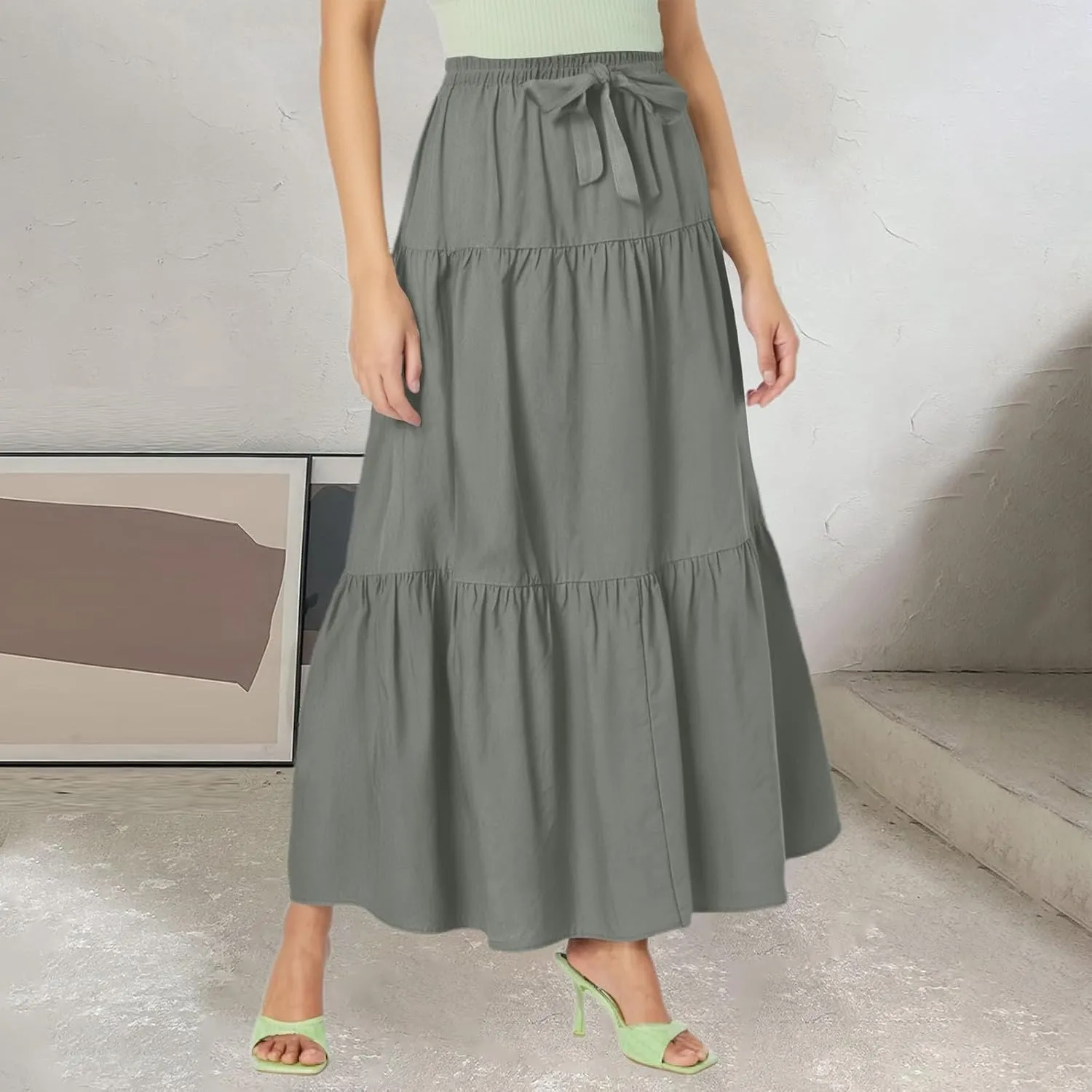 Summer Maxi Skirts for Women 2025 Tiered A Line Pleated Drawstring Long Skirt Boho Flowy Casual Vacation Skirts