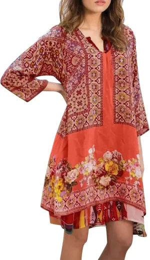 TEMKIN Casual Spring Summer Dresses for Women V-Neck 3/4 Long Sleeve Ruffle Floral Pattern Flowy Boho Mini Short Beach Dress Women's Tight (Color : Red, Size : Medium)