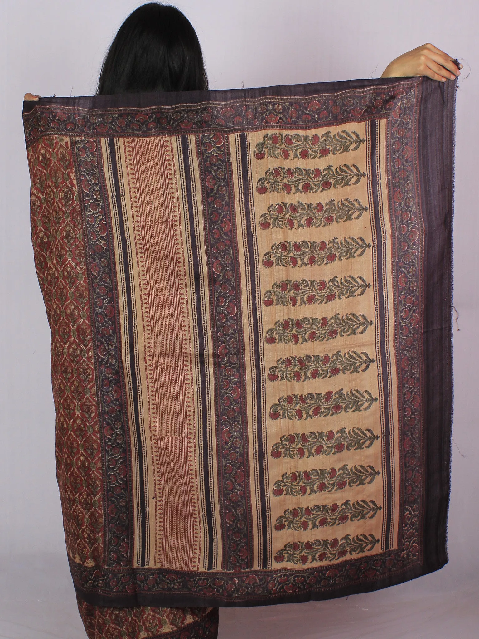 Tussar Handloom Silk Hand Block Printed Saree in Maroon Plum Green - S031701195