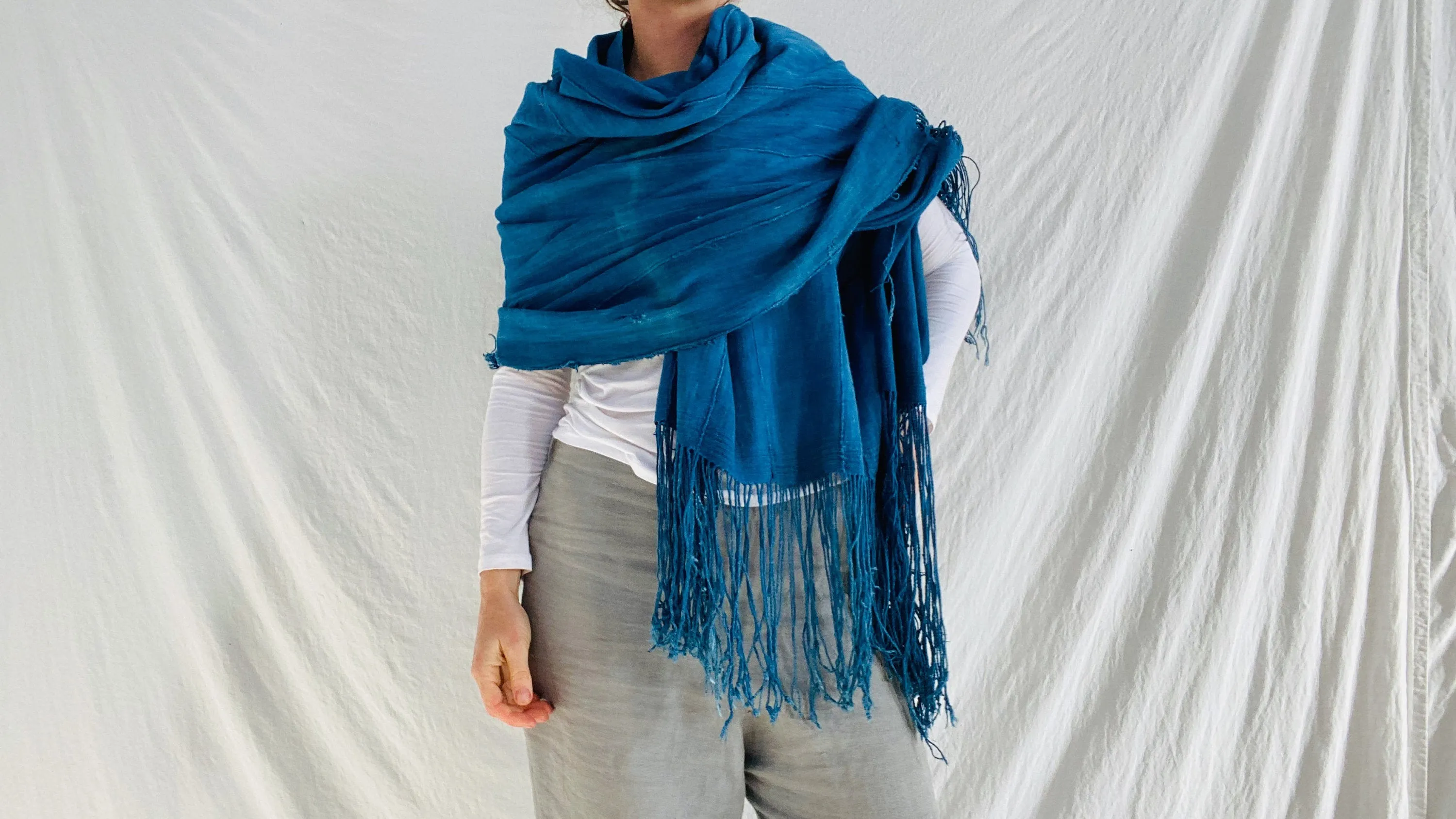 Vintage Indigo African Shawl. Mossi. Long Fringe. Burkina Faso 1A