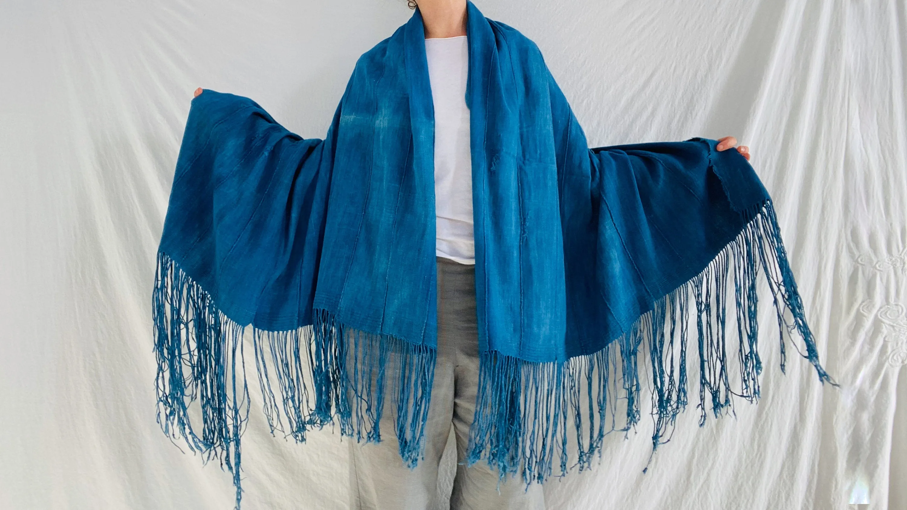 Vintage Indigo African Shawl. Mossi. Long Fringe. Burkina Faso 1A