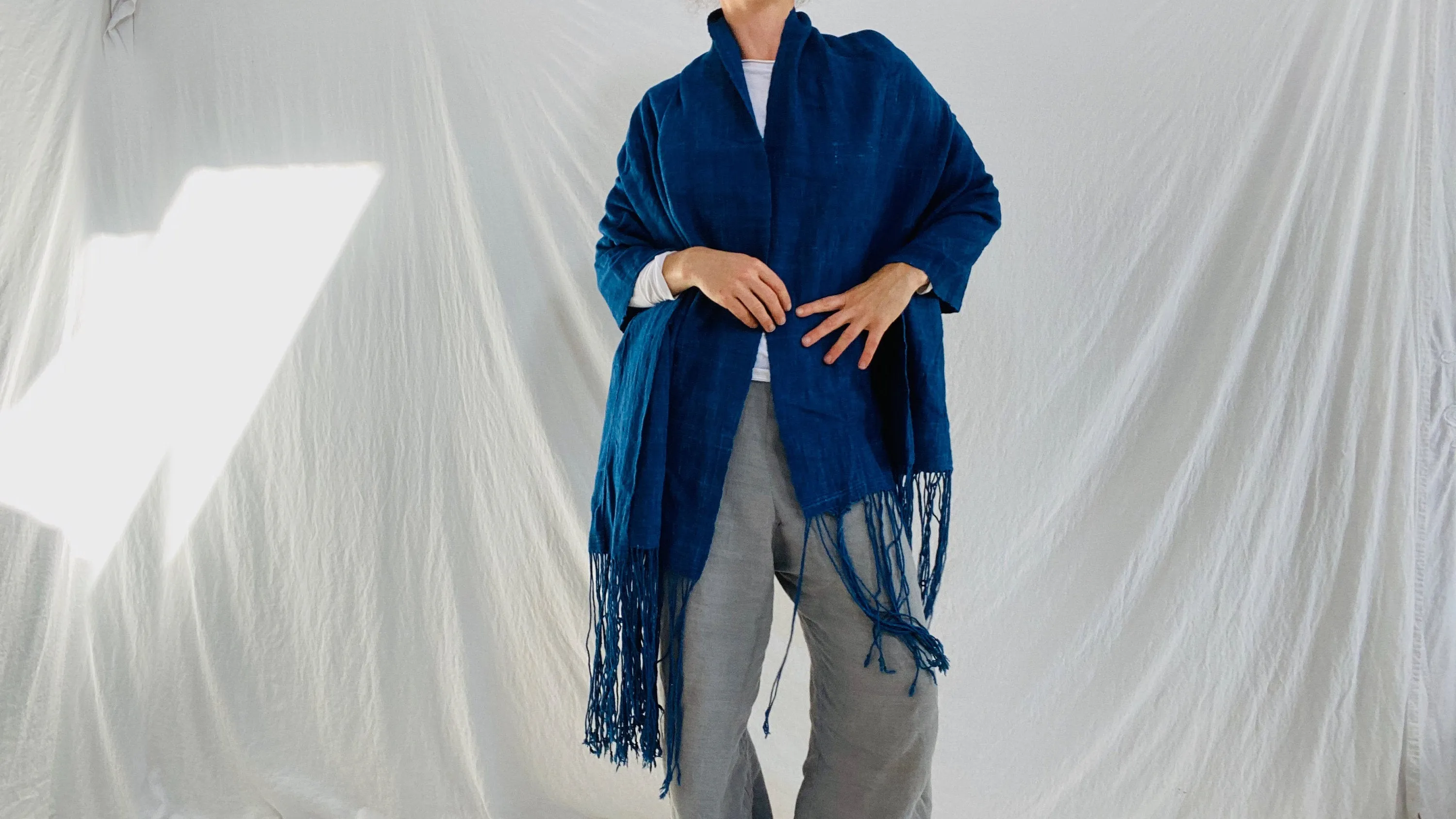 Vintage Indigo African Shawl. Mossi. Long Fringe. Burkina Faso