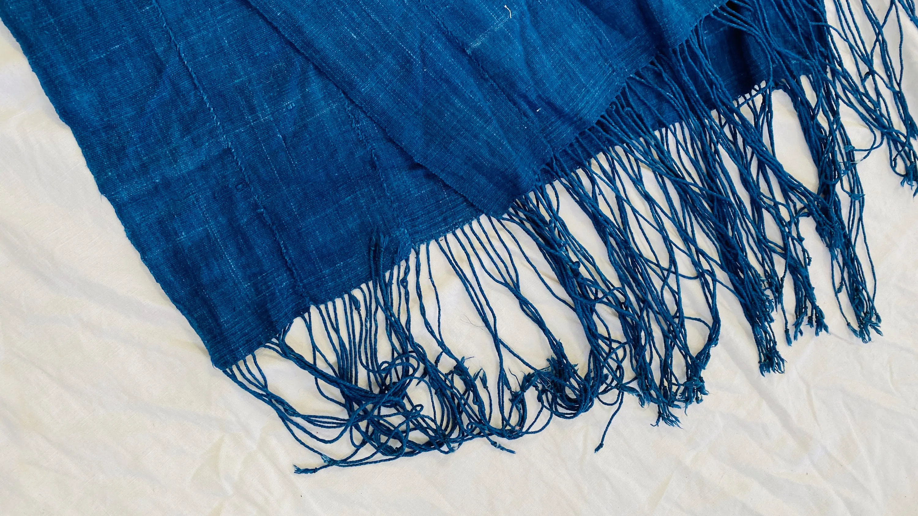 Vintage Indigo African Shawl. Mossi. Long Fringe. Burkina Faso