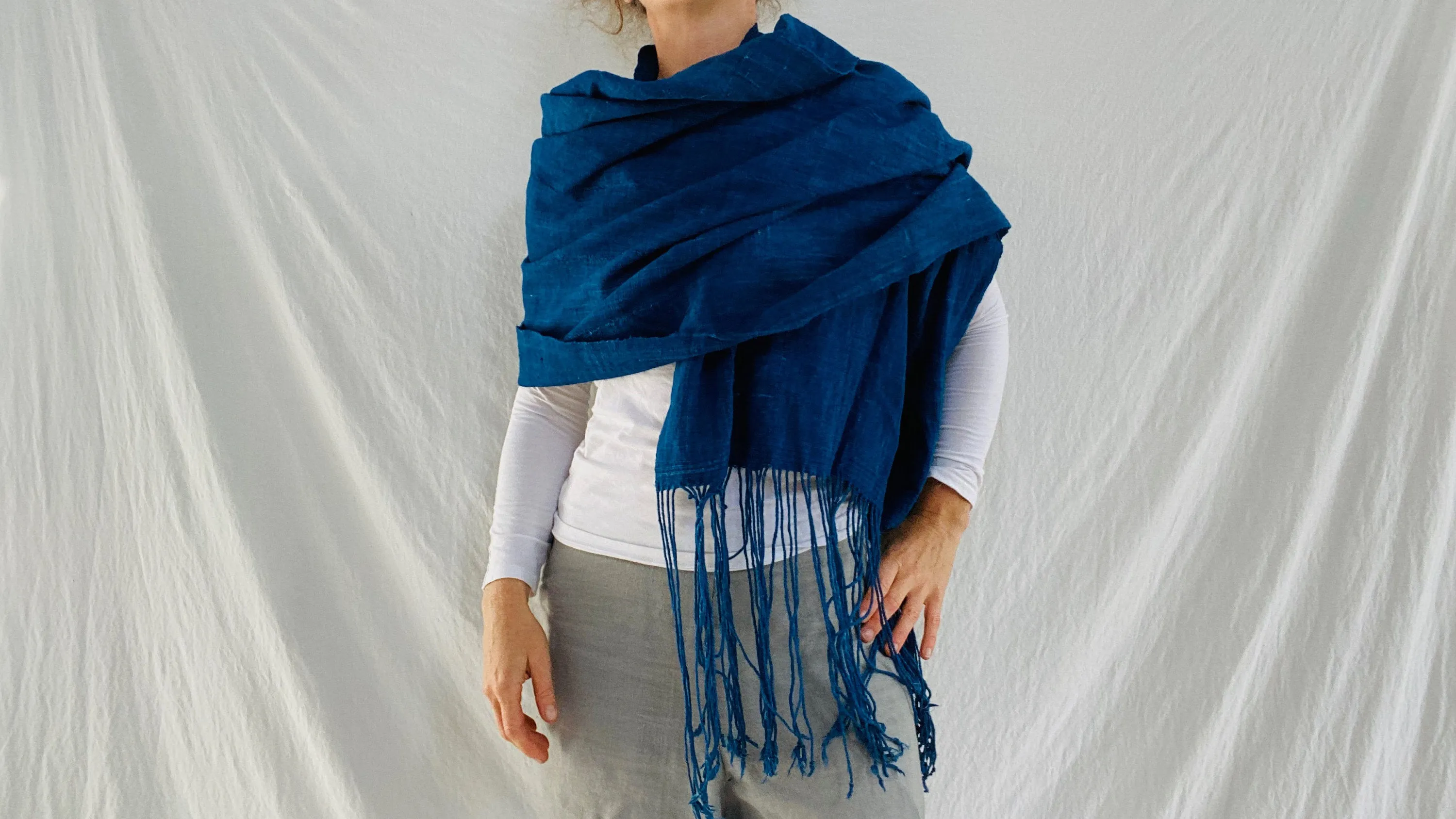 Vintage Indigo African Shawl. Mossi. Long Fringe. Burkina Faso