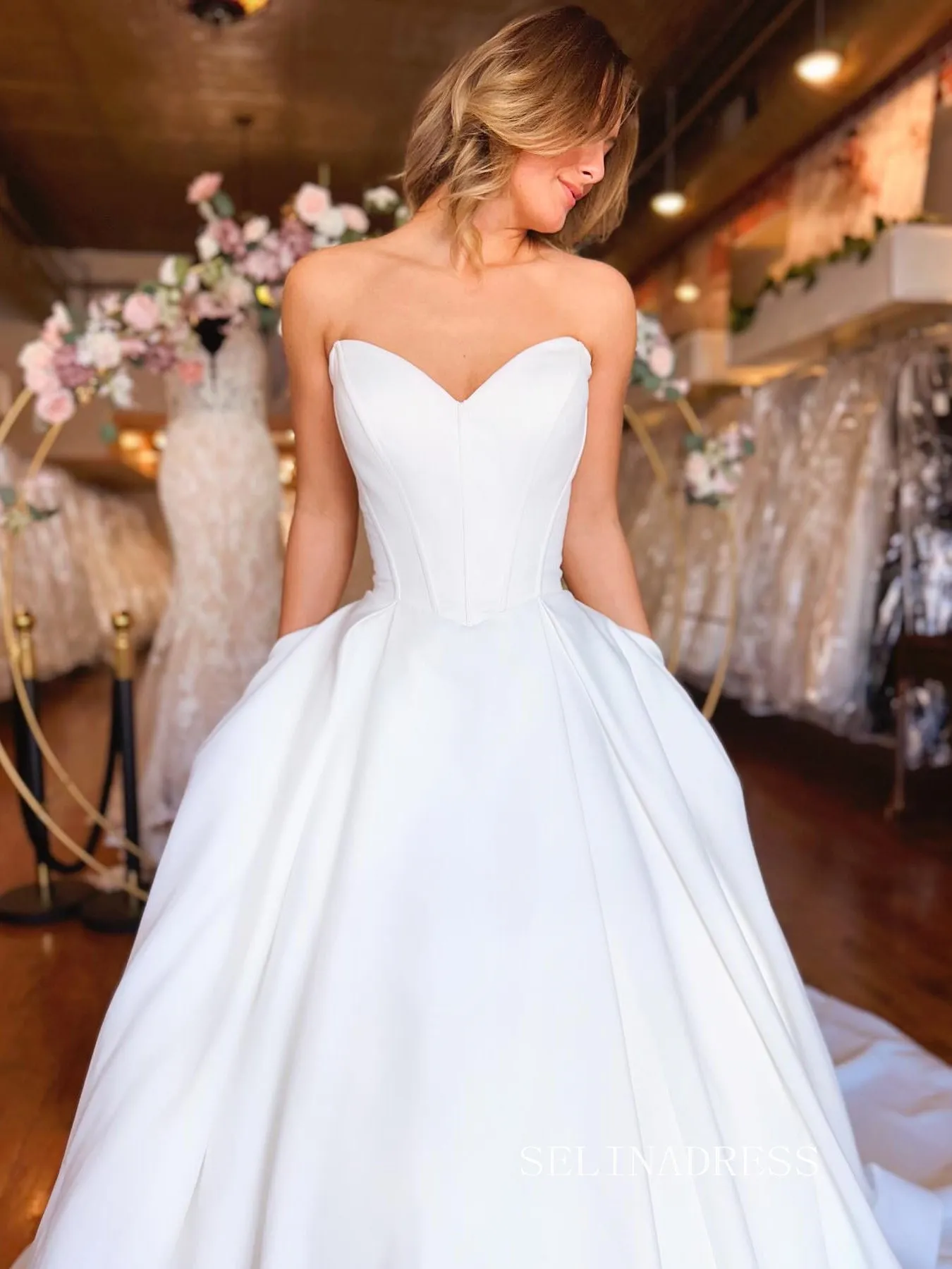 White Sweetheart Simple Cheap Satin Wedding Dress EWR390