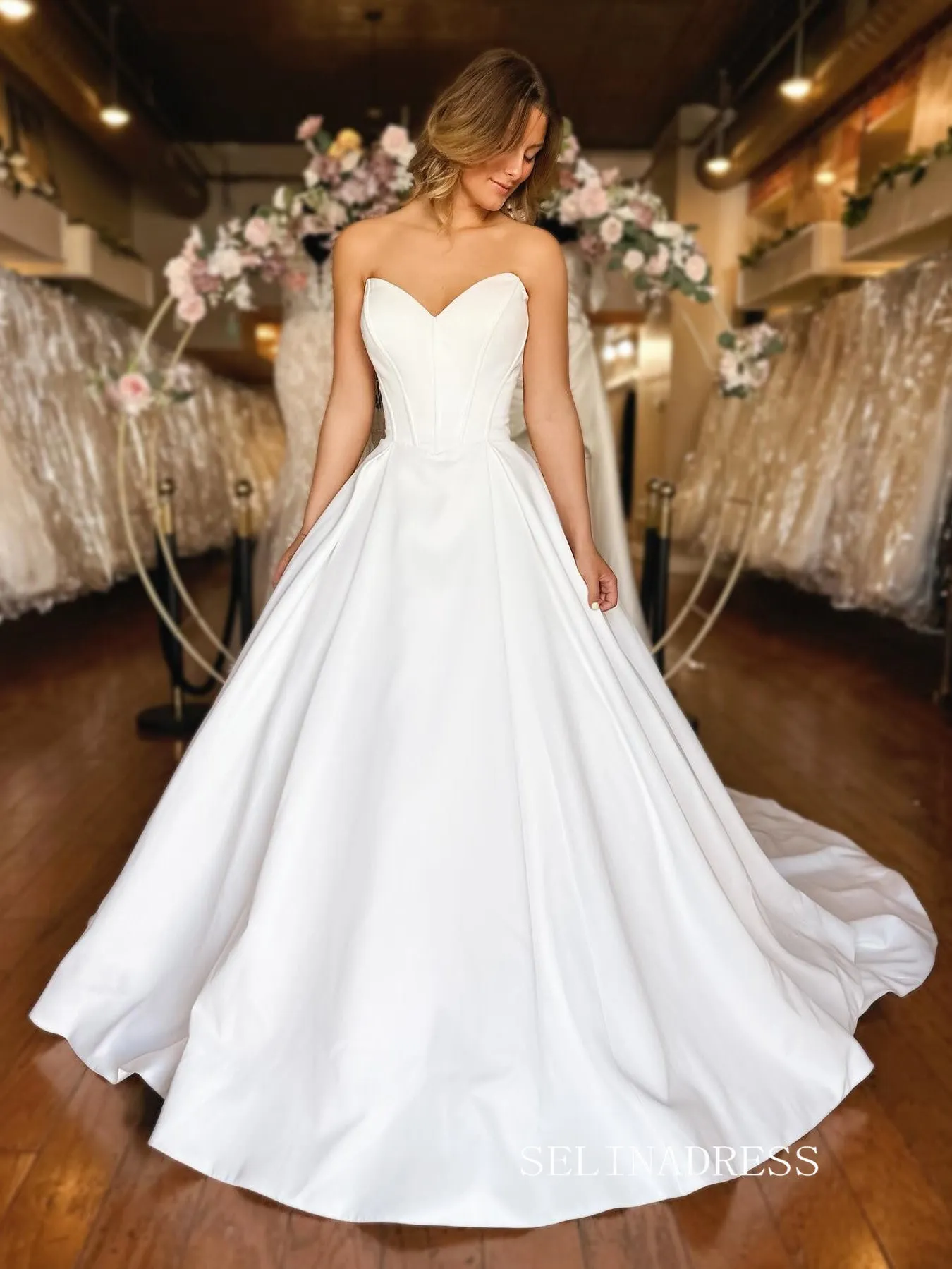 White Sweetheart Simple Cheap Satin Wedding Dress EWR390