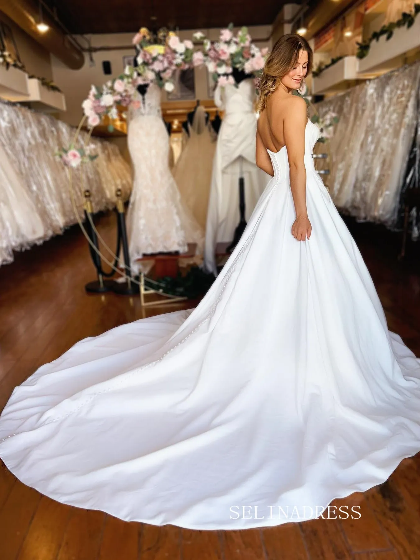 White Sweetheart Simple Cheap Satin Wedding Dress EWR390