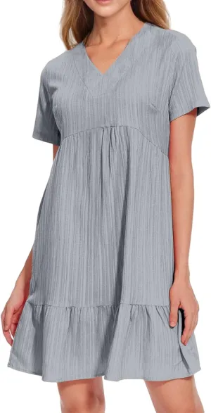 Womens Casual Dresses Summer Short Sleeve V Neck Mini Dress Flowy Loose Shift Tiered Dresses Beach Vacation Sundress