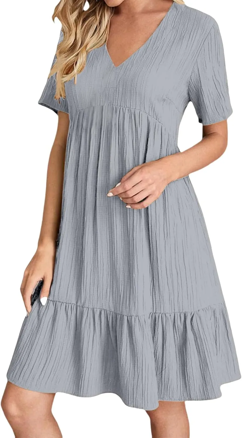 Womens Casual Dresses Summer Short Sleeve V Neck Mini Dress Flowy Loose Shift Tiered Dresses Beach Vacation Sundress