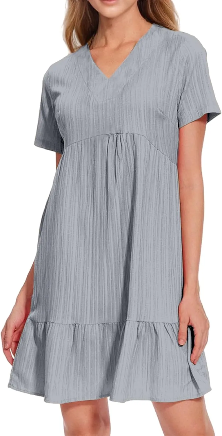 Womens Casual Dresses Summer Short Sleeve V Neck Mini Dress Flowy Loose Shift Tiered Dresses Beach Vacation Sundress