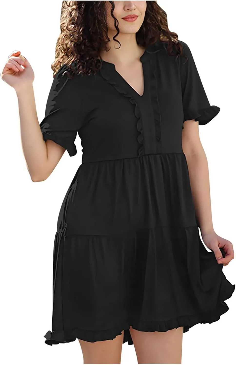 Women's Dresses 2025 Summer V Neck Short Sleeve Casual A Line Dress Trendy Ruffle Flowy Swing Shift Dress Mini Dress