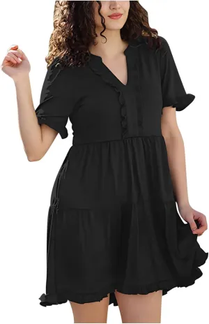 Women's Dresses 2025 Summer V Neck Short Sleeve Casual A Line Dress Trendy Ruffle Flowy Swing Shift Dress Mini Dress