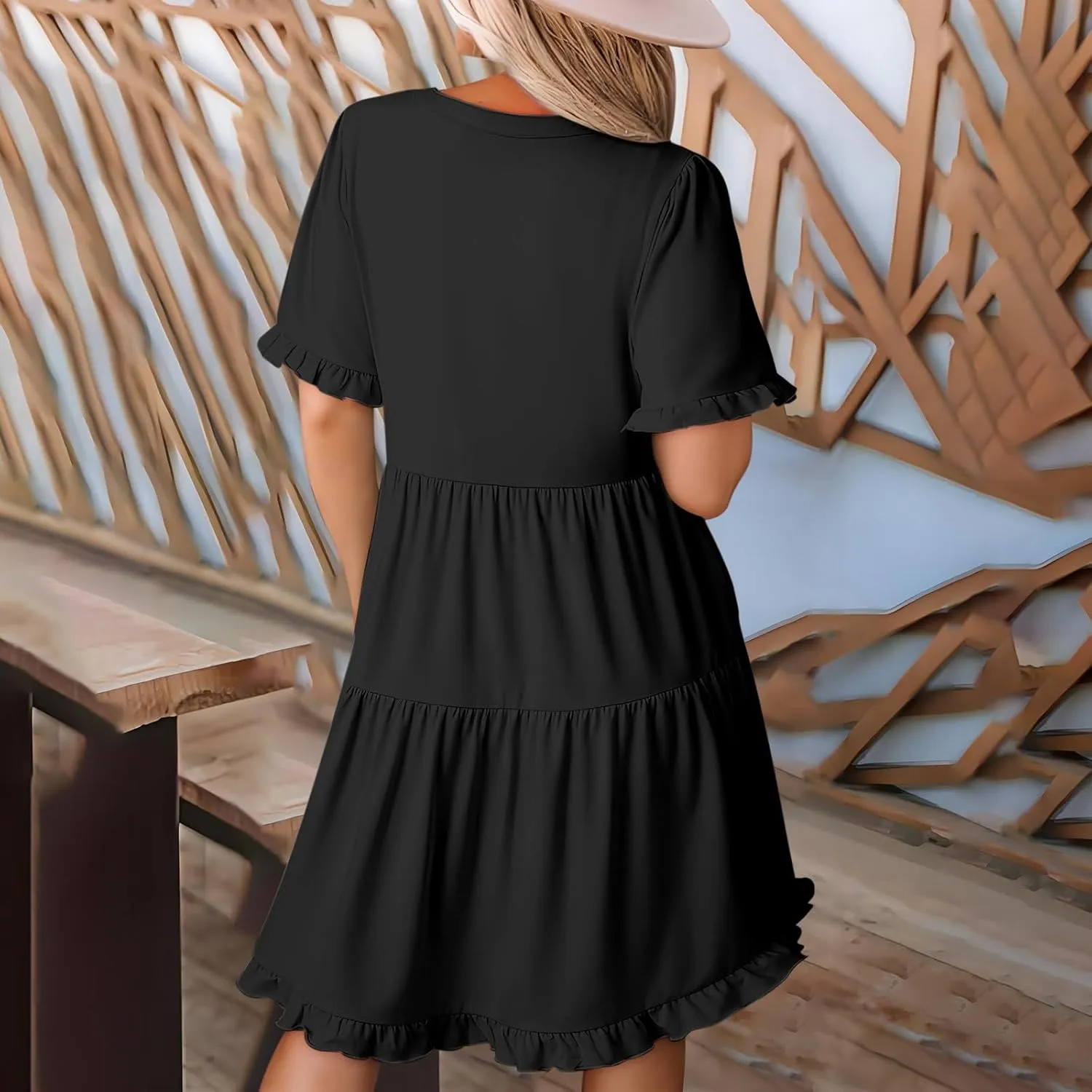 Women's Dresses 2025 Summer V Neck Short Sleeve Casual A Line Dress Trendy Ruffle Flowy Swing Shift Dress Mini Dress