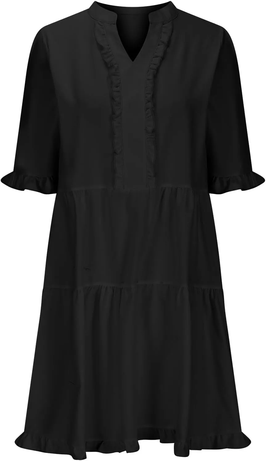 Women's Dresses 2025 Summer V Neck Short Sleeve Casual A Line Dress Trendy Ruffle Flowy Swing Shift Dress Mini Dress
